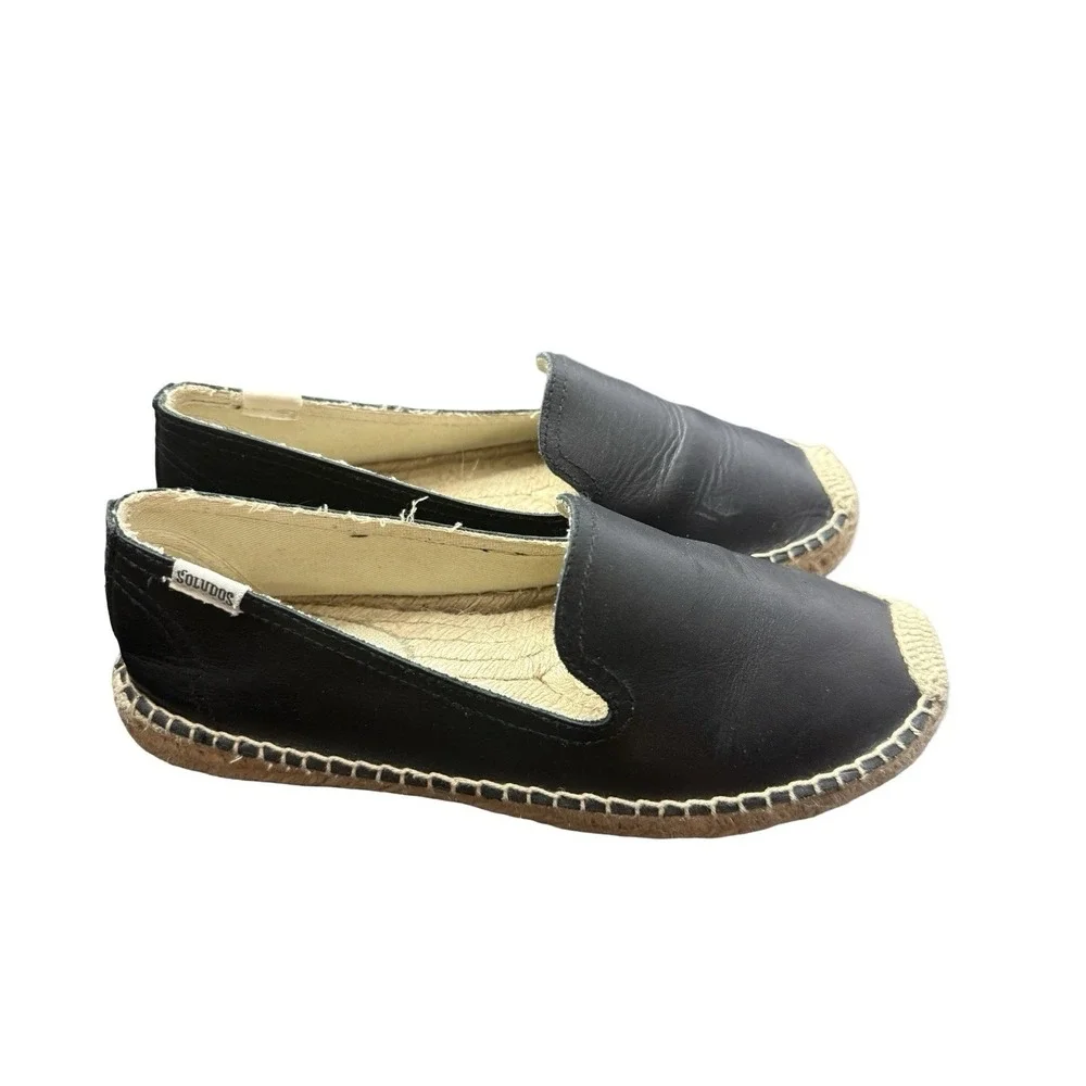 Soludos Women's‎ Size 8.5 Espadrilles Black Leather Platform Slip On Beachy Chic